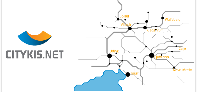 CityKIS Netzwerk-Karte: Villach, Klagenfurt, Spittal, Wolfsberg, Udine, Triest, Ljubljana, Celje, Novo Mesto